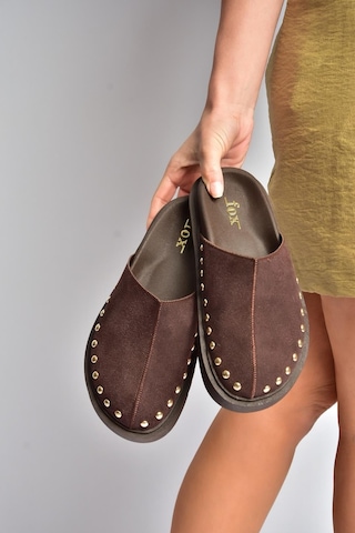 Fox Shoes Y918132902 Kahverengi Süet Önü Kapalı Sabo Terlik