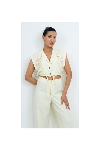 Dorne Moda Özel Seri Fermuar Ve Cep Detaylı Crop Yelek Bluz Ve Bol Paça Pantolon İkili Takım - Düğün - Mezuniyet - Ofis Şıklığı Sarı Sarı