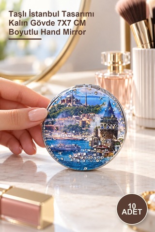 10 Adet El Aynası Taşlı İstanbul Tasarımı Kalın Gövde 7x7 Cm Boyutlu Hand Mirror