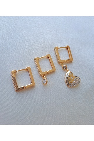 Dali Shop Kalp Detaylı Taşlı 3'lü Kombin Küpe Gold