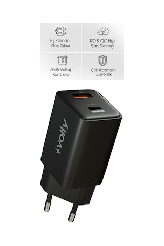 Hızlı Şarj Adaptörü 30w Pd Gan, Usb-c & Usb-a, İphone & Samsung Uyumlu, 55gr Siyah-v0102009