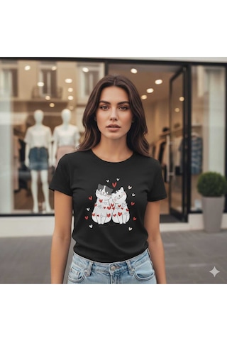 Love Kedi Kalpli Kedi Baskılı Sevgililer Günü Pamuk T-shirt Siyah
