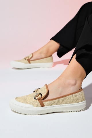 Luvishoes Barcelos Bej Hasır Tokalı Kadın Loafer Ayakkabı Bej