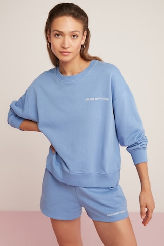 Ethıquet Sandra Kadın Pamuklu Içi Polarlı Yumuşacık Göğsü Baskılı Yuvarlak Yaka Comfort Mavi Sweatsh