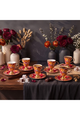 Aryıldız Begonia 12 Parça 6 Kişilik Kahve Fincan Takımı Kırmızı 100 Ml Çok Renkli