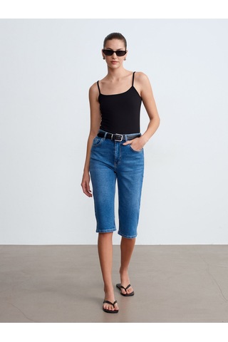 Dilvin 72311 Yırtmaçlı Denim Kapri-mavi