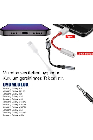 Samsung Uyumlu A73 5g A80 A60 Type-c Kulaklık Dönüştürücü 3.5mm Çevirici
