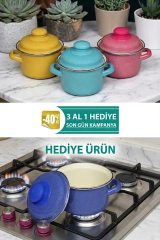 İtalyan Tasarım Emaye Mini Tencere Seti 12cm 900ml 3-renk Alana 1 Adet-bedava , Lüks Ve Çevre Dost Renkli