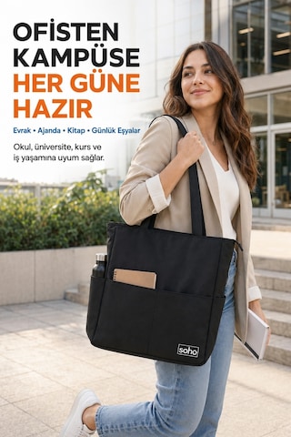 Orijinal Çok Gözlü Geniş İç Hacimli Su Geçirmez & Fermuarlı Yan Cepli Tote Bag Ofis Okul Üniversite Spor İçin Askılı Anne Shopper Günlük Çok Amaçlı El Kol Ve Omuz Çantası Büyük Boy - 35x34x9 Cm Siyah