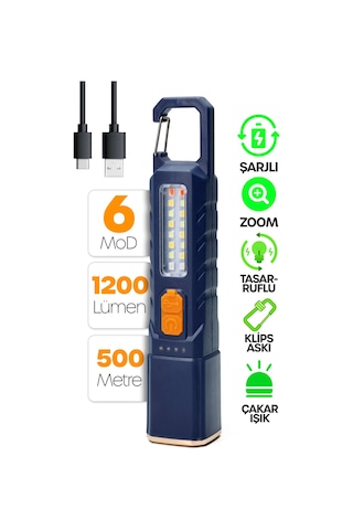 Şarjlı El Feneri 6 Mod Karabina Askılı Çakarlı Cob Led Kamp Lambası Acil Durum Işığı Mavi 7170 Mavi
