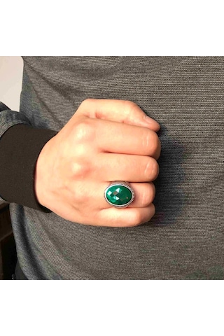 Gümüş Yeşil Zirkon Taşlı Erkek Yüzük (508524549)