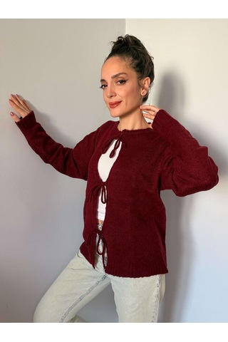 Ali Butik Bordo Önden Bağlamalı Triko Hırka Bordo