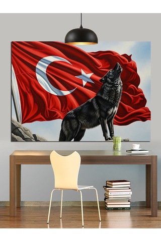 Türk Bayrağı Kurt Figürü Dekoratif Kanvas - Mdf Ahşap Tablo