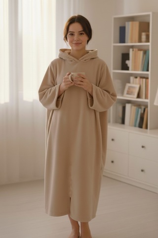 Serona Wellsoft Peluş Kapüşonlu Uzun Panço Yumuşak Dokulu Giyilebilir Tv Battaniyesi Bej S/m Bej