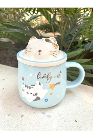 Kawai 3d Kedi Kapaklı Kaşıklı Kupa Bardak Mavi
