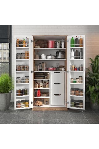 165 Derece Açılabilir 2 Kapaklı, 3 Çekmeceli, Kavanoz Raflı Kiler Ve Erzak Mutfak Dolabı Atlantik Çam Beyaz
