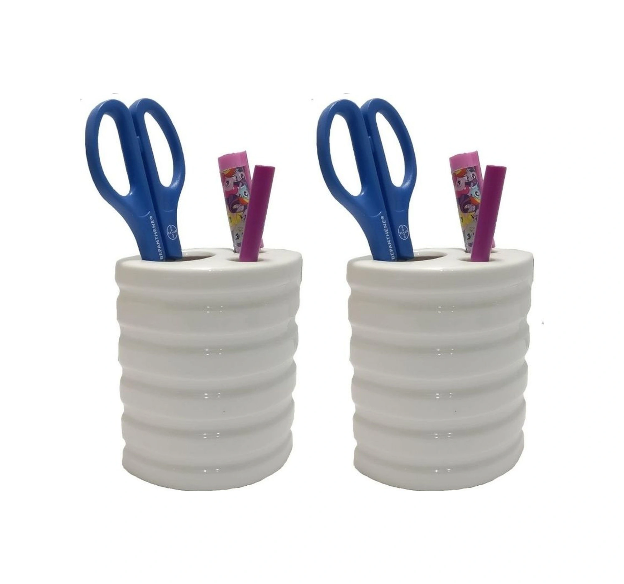 2 Adet Kalemlik Oval Çizgili Model Seramik Ofis Gereci 9x6x11cm Çok Renkli