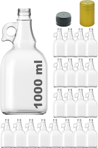 Afracam Galon Şeffaf 1000 ML Kilitli Kapaklı Ve Kapüşonlu Boş Cam Şişe 20 Adet