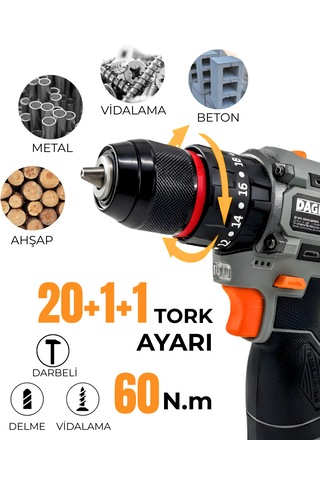 Dager BOLT 16.8V Kömürsüz Darbeli Şarjlı Matkap Vidalama Seti | 60Nm | Çift Akü + 85 Parça Aksesuar + Hızlı Şarj | Gri