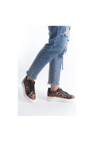 Mına Bağcıklı Ortopedik Taban Leopar Desenli Kadın Sneaker Spor Ayakkabı Tbt - Kahverengi Kahverengi