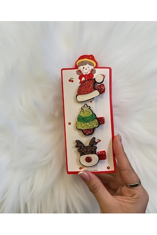 Yılbaşı Temalı Simli Çocuk Toka Seti Noel Şapkası, Çam Ağacı Ve Geyik Figürlü 3'lü Klips Toka-211 Çok Renkli