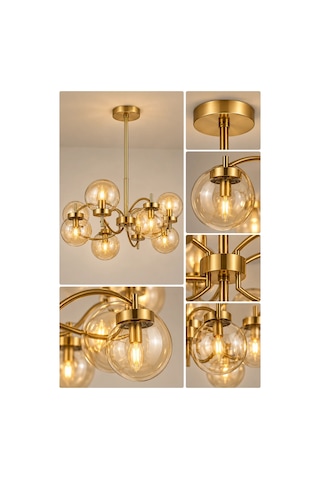Modern Premium Avize Gold Gövdeli Amber Camlı 8'li Lüks Sarkıt Salon Avizesi 8xe14
