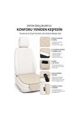 Ergonomik Cepli 3 Parça Oturak Deri Oto Minder Seti Bej
