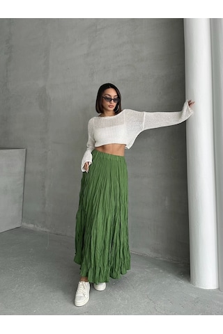 Kadın Buruşuk Modal Dokulu Soft Uzun Etek Yeşil