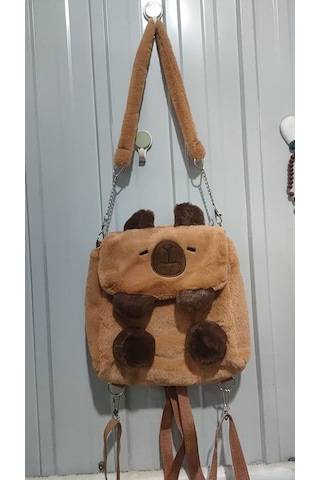 Symbee 2024 Yeni Model Kedi Desenli Yumuşak Plüsh Çift Omuz Çanta, Öğrenci Çantası, Çapraz Çanta, Kadın Çantası Kahverengi