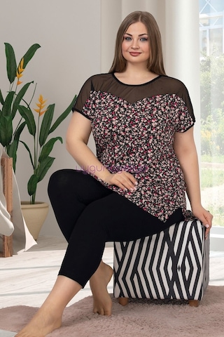 Siyah Renk Ve Puantiye Desenli Lady 10634 Kadın Lady Büyük Beden Kapri Pijama Takımı Siyah - Kırmızı