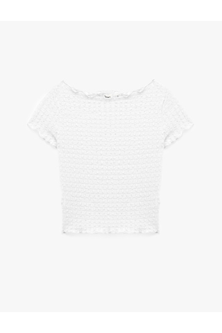 Koton Bürümcük Kumaş Slim Fit Kısa Kollu Omzu Açık Kayık Yaka Bluz Ekru 6sak10364ek