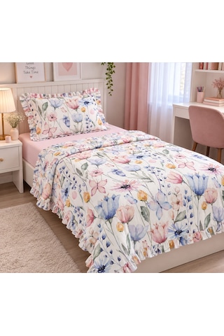 Sallhome Çiçek Bahçesi Desenli Fırfırlı Tek Kişilik Pike Takımı Açık Pembe