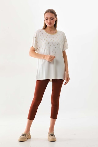 Büşra Triko Kadın Desenli Kısa Kol Penye Bluz 19152 Ekru