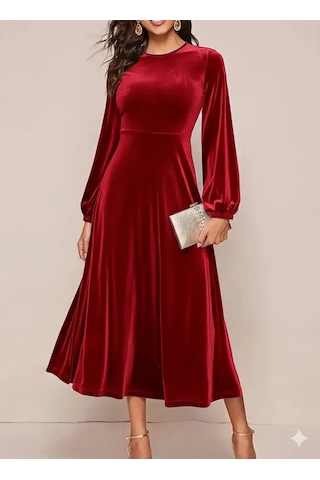Efnaz Style Kadın Uzun Kollu Bisiklet Yaka Midi Kadife Elbise Bordo