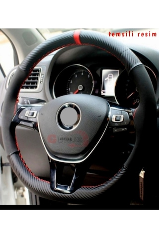 Fiat Linea Uyumludur Alcantara Ve Karbon Dikmeli Direksiyon Kılıfı Kırmızı Yüzüklü