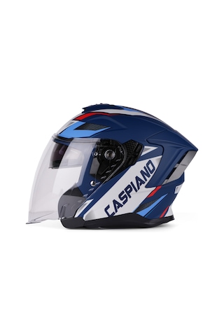 Valente Çenesiz Yarım Kask Caspiano Çenesi Z Csp 097 Matt Blue Gray Şeffaf Vizörlü Motosiklet Kaskı Mavi
