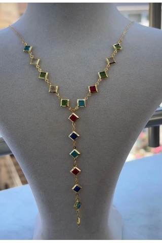 Kadın Gold Renk Zirkon Taşlı Renkli Y Model Kolye Gold