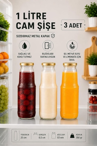 3 Adet 1 Litre Şeffaf Sürahi Süt, Ayran, Su, Limonata, Meşrubat Şişesi Metal Gold Kapaklı Cam Şişe