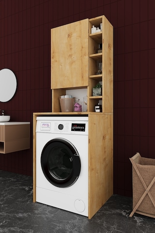 Asra Trend Çamaşır Makinesi Üstü Banyo Dolabı BD-02 %100 MDF Kapaklı Organizer Raf Safir Meşe