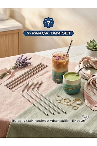 Premium 7 Parça Paslanmaz Çelik Metal Pipet Seti - 3 Düz, 3 Eğimli Pipet + Temizleme Fırçası Metalik Gri