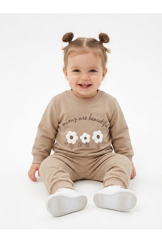 HelloBaby Pamuklu Çiçek Detaylı 2li Kız Bebek Takım Kahverengi