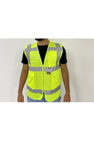 Yüksek Görünümlü Mühedis Yeleği 10 Adet Sarı 2xl Beden Yelek Reflektörlü Fermuarlı Reflektik