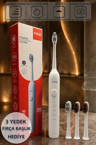 Mioji Oral B1 Şarj Edilebilir IPX8 5 Modlu Diş Fırçası Beyaz + 3 Yedek Başlık