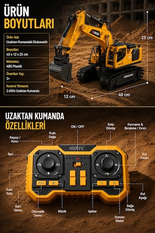 Buharlı Işıklı Sesli Metal Alaşım Excavator Uzaktan Kumandalı Rc İş Makinesi Sarı