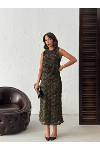 Gül Desenli Tül Etek Haki Yeşili