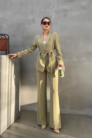 Msm Fashion Kadın İkili Kuşaklı Blazer Ceket Pantolon Takım Açık Haki