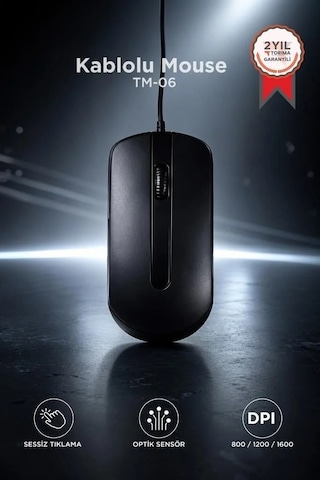 Premium Çalışma Aksesuar Masaüstü Mouse Optik Kablolu Fare Tm06 Siyah