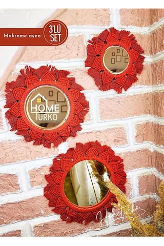 Dekoratif, Iskandinav 3-lü Aynalı Duvar Süsü, Makrome Ayna Seti, Ev, Duvar, Dekoru, Süs Eşyası. Kiremit Çok Renkli