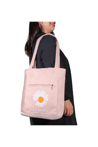 Toz Vintage Canvas Papatya Desenli Bez Omuz - Kol Çantası Pembe