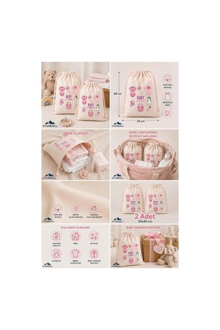 Lexroo Baby Elements Baskılı Ham Bez Büzgülü Bebek Torbası 30x40 Cm 2'li Set Çok Renkli